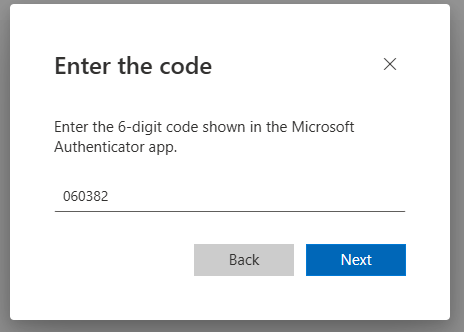 A prompt will appear asking you to enter the 6-digit code from the Microsoft Authenticator app. Enter the code shown and select “Next.”