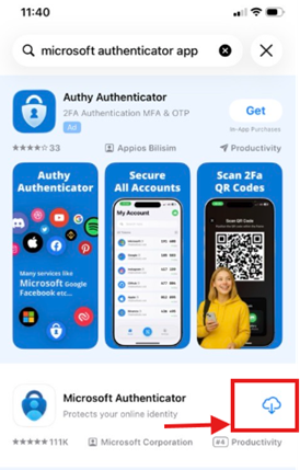 Install MS Authenticator by opening the app store, search for "Microsoft Authenticator" and install the app. •	If you are using an Android device, open the Google Play Store, search for “Microsoft Authenticator” and install the app.