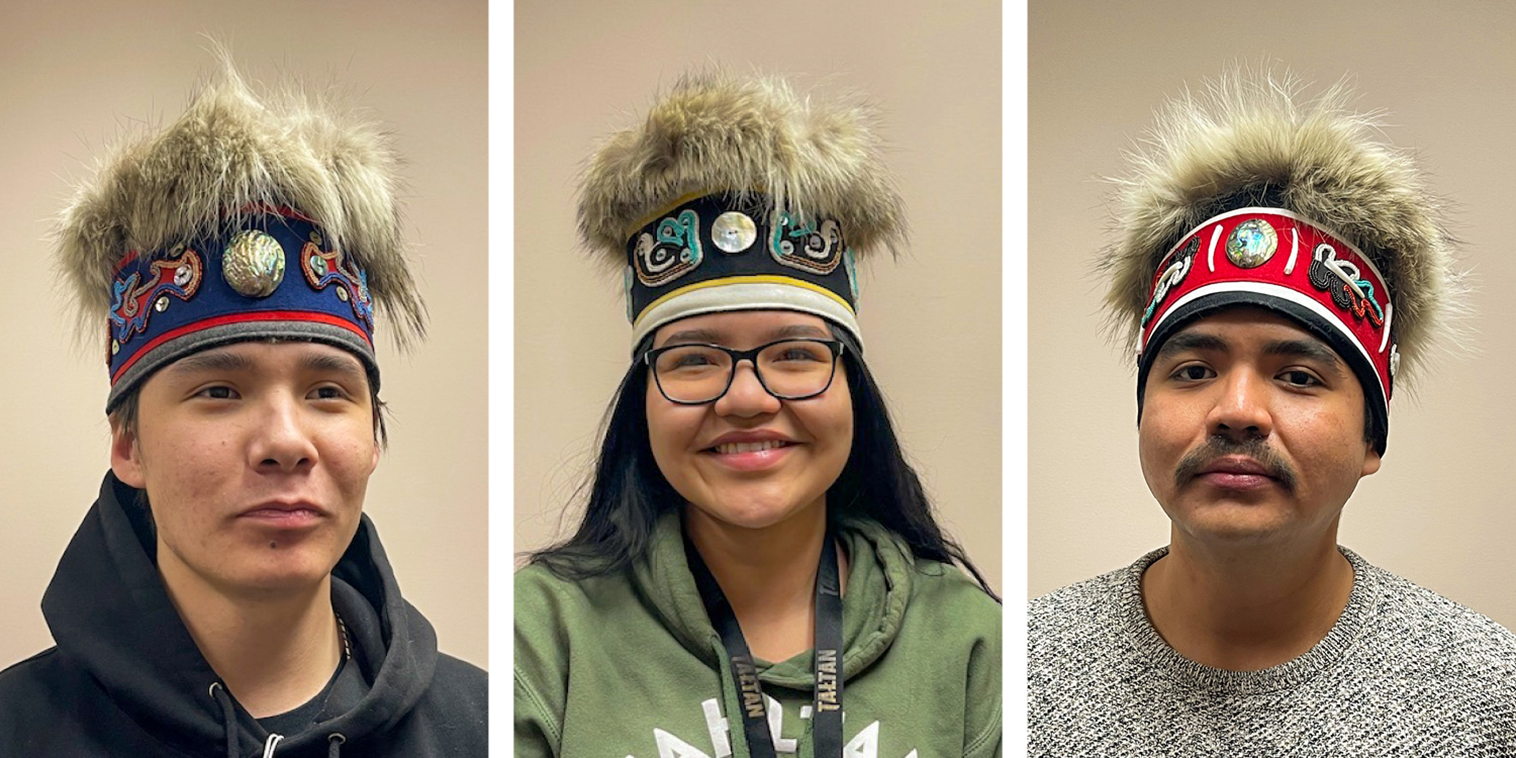 Fellow Tahltan students modelling the three wolf-fur headbands Una-Ann created